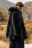 Preto Puffy manga longa com capuz Faux Fur Winter Men's Coat