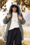 Lapela Cinzenta Cor Sólida Faux Fur Mangas Longas Casaco Masculino de inverno