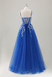 Royal Blue Ball-Gown Long Appliqued Prom Dress com Fenda