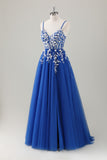 Royal Blue Ball-Gown Long Appliqued Prom Dress com Fenda