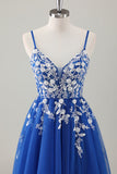 Royal Blue Ball-Gown Long Appliqued Prom Dress com Fenda