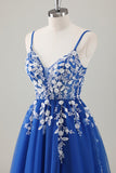 Royal Blue Ball-Gown Long Appliqued Prom Dress com Fenda