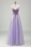 Sparkly roxo A-Line espaguete correias espartilho longo vestido de baile com apliques