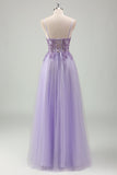 Sparkly roxo A-Line espaguete correias espartilho longo vestido de baile com apliques