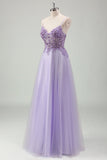 Sparkly roxo A-Line espaguete correias espartilho longo vestido de baile com apliques