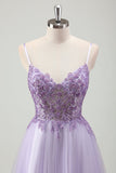 Sparkly roxo A-Line espaguete correias espartilho longo vestido de baile com apliques