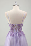 Sparkly roxo A-Line espaguete correias espartilho longo vestido de baile com apliques