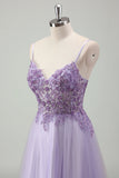 Sparkly roxo A-Line espaguete correias espartilho longo vestido de baile com apliques