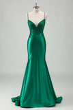 Brilhante Verde Sereia Esparguete Correias Cetim Long Prom Dress com Apliques