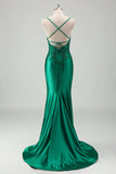 Brilhante Verde Sereia Esparguete Correias Cetim Long Prom Dress com Apliques