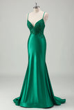 Brilhante Verde Sereia Esparguete Correias Cetim Long Prom Dress com Apliques