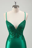 Brilhante Verde Sereia Esparguete Correias Cetim Long Prom Dress com Apliques