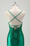 Brilhante Verde Sereia Esparguete Correias Cetim Long Prom Dress com Apliques