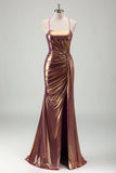 Metal Dourado Sereia Esparguete Correias Ruched Long Prom Dress com Fenda