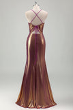 Metal Dourado Sereia Esparguete Correias Ruched Long Prom Dress com Fenda