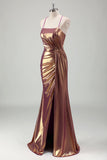 Metal Dourado Sereia Esparguete Correias Ruched Long Prom Dress com Fenda