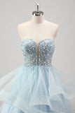 Strapless Sparkly Sequins Tulle Uma linha plissado vestido de baile