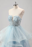 Strapless Sparkly Sequins Tulle Uma linha plissado vestido de baile