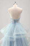 Strapless Sparkly Sequins Tulle Uma linha plissado vestido de baile