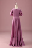 Vintage Mauve Uma linha Ruched Chiffon Junior vestido de dama de honra com mangas curtas