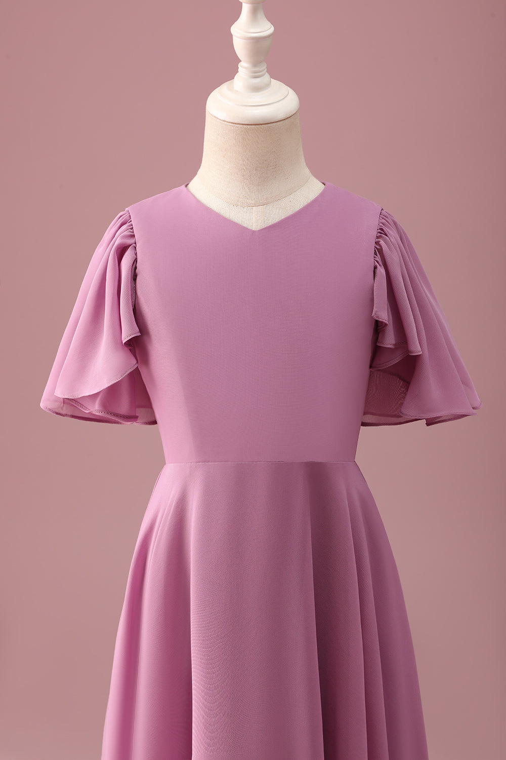 Vintage Mauve Uma linha Ruched Chiffon Junior vestido de dama de honra com mangas curtas