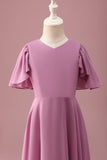 Vintage Mauve Uma linha Ruched Chiffon Junior vestido de dama de honra com mangas curtas