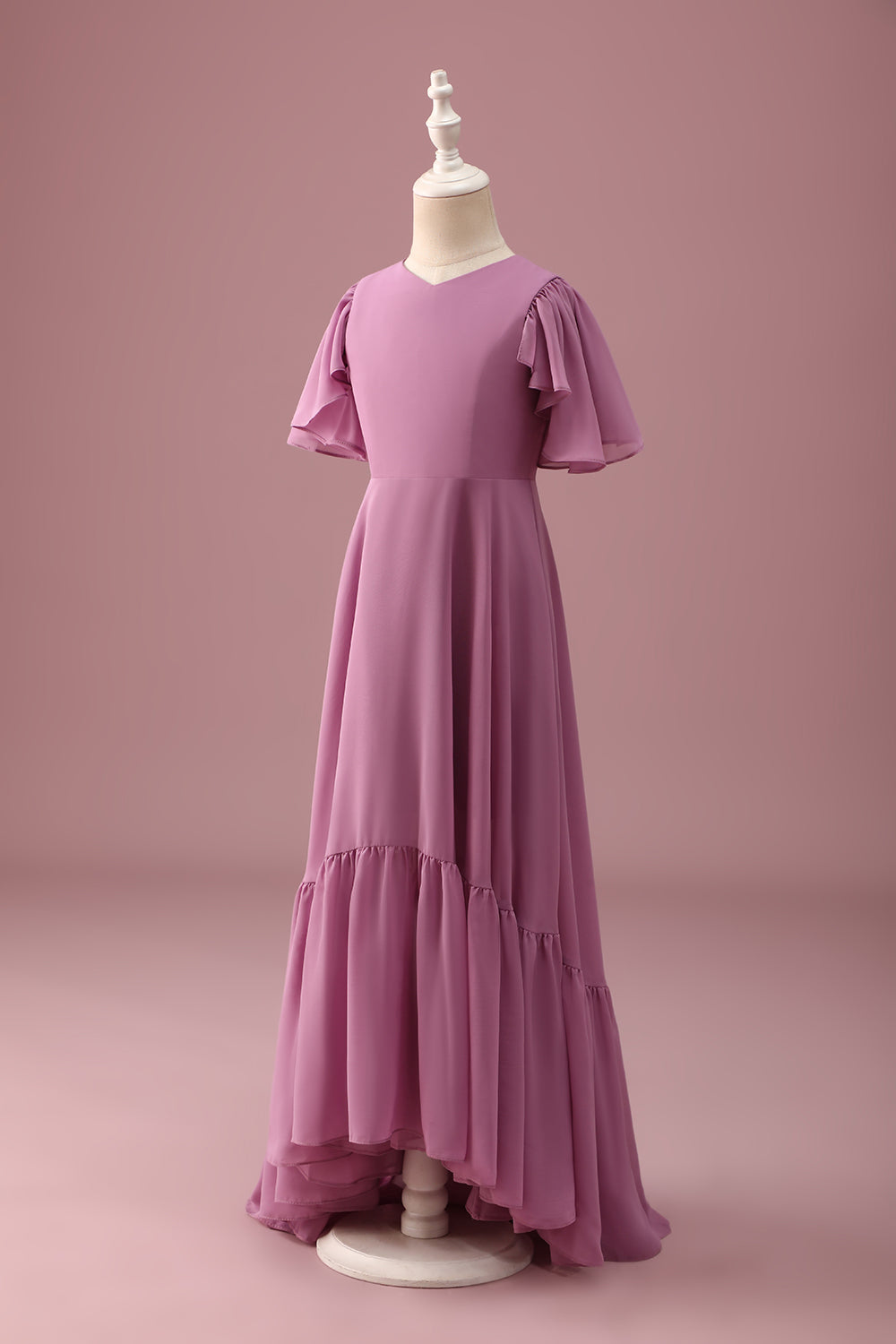 Vintage Mauve Uma linha Ruched Chiffon Junior vestido de dama de honra com mangas curtas
