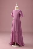 Vintage Mauve Uma linha Ruched Chiffon Junior vestido de dama de honra com mangas curtas
