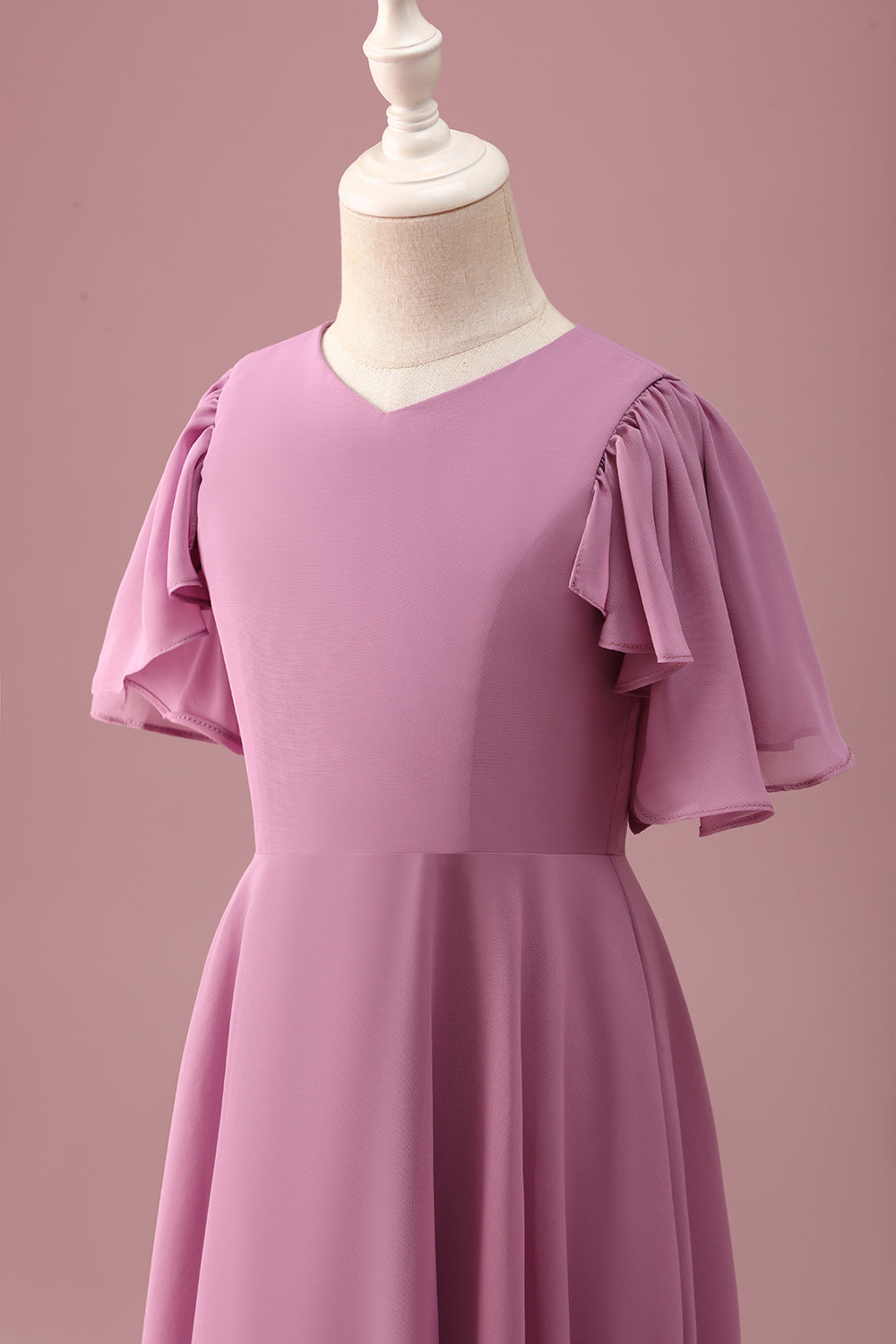 Vintage Mauve Uma linha Ruched Chiffon Junior vestido de dama de honra com mangas curtas