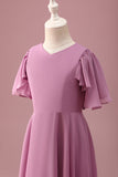 Vintage Mauve Uma linha Ruched Chiffon Junior vestido de dama de honra com mangas curtas