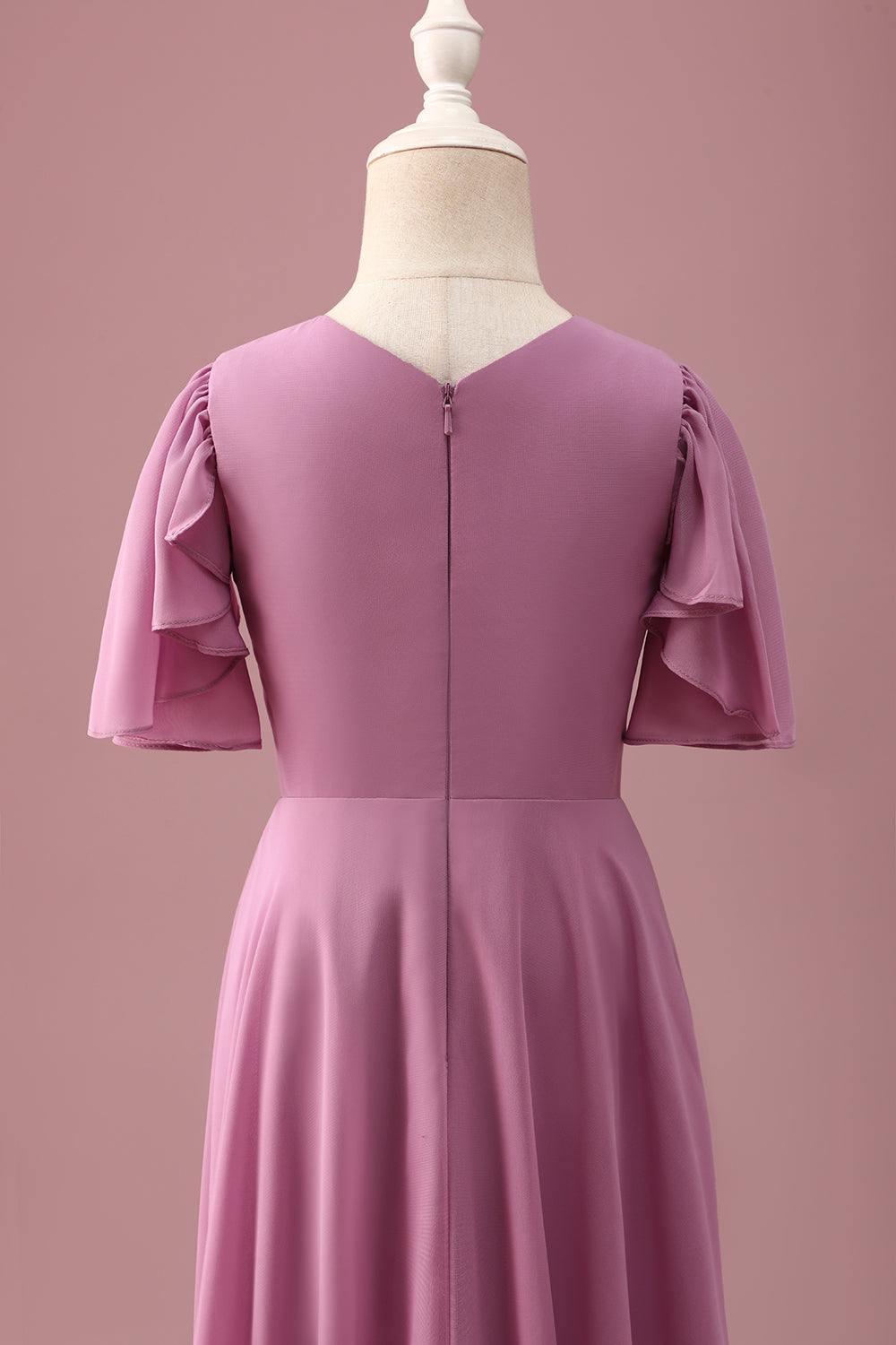 Vintage Mauve Uma linha Ruched Chiffon Junior vestido de dama de honra com mangas curtas