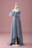 Cinzento Azul V-Neck A-Line Chiffon Alto Baixo Vestido de Dama de Honra Júnior