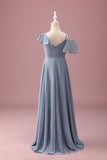 Cinzento Azul V-Neck A-Line Chiffon Alto Baixo Vestido de Dama de Honra Júnior