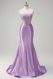 Sparkly Lilac Sereia Strapless Sheer Corset Long Prom Dress com Missangas