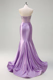 Sparkly Lilac Sereia Strapless Sheer Corset Long Prom Dress com Missangas