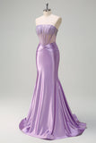 Sparkly Lilac Sereia Strapless Sheer Corset Long Prom Dress com Missangas