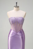 Sparkly Lilac Sereia Strapless Sheer Corset Long Prom Dress com Missangas