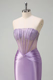 Sparkly Lilac Sereia Strapless Sheer Corset Long Prom Dress com Missangas