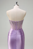 Sparkly Lilac Sereia Strapless Sheer Corset Long Prom Dress com Missangas