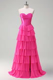 Fuchsia A Line Strapless Corset Tiered Prom Dress com Folhos