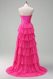 Fuchsia A Line Strapless Corset Tiered Prom Dress com Folhos