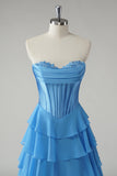 Blue Sweetheart babado uma linha longo vestido de baile