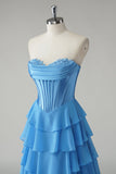 Blue Sweetheart babado uma linha longo vestido de baile