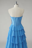 Blue Sweetheart babado uma linha longo vestido de baile