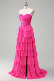 Fuchsia A Line Strapless Corset Tiered Prom Dress com Folhos