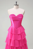 Fuchsia A Line Strapless Corset Tiered Prom Dress com Folhos