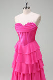 Fuchsia A Line Strapless Corset Tiered Prom Dress com Folhos