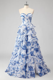 Vestido de Baile Azul com decote Coração Longo Camadas e Folhos