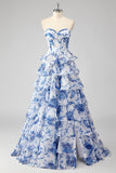 Azul Branco Flor A-Line Querida Tiered Long Prom Dress com Fenda