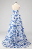 Azul Branco Flor A-Line Querida Tiered Long Prom Dress com Fenda